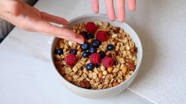 Granola bowl with fresh berries, nuts, and hands of a person, showcasing the components of a healthy breakfast option Stock Video
