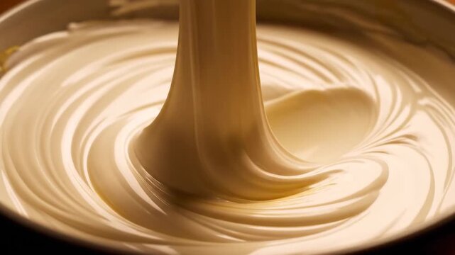 Close-up of thick creamy white paste being swirled and mixed, showcasing rich texture