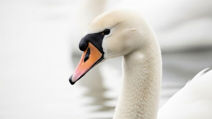 Fototapeta premium Close up of a swan head on water. Graceful bird with white feather. Cloud dancer 2026 color theme for tranquility concept.