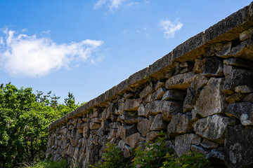 Korean Fortress Stone Wall Blue Sky Low Angle Summer