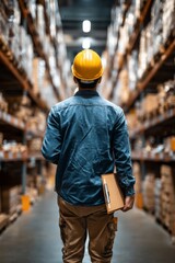 Warehouse Worker with Yellow Helmet in Storage Aisle