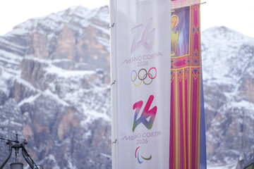 Fototapeta premium CORTINA D'AMPEZZO, ITALY - December 12, 2025: The logo with the Olympic rings in Cortina 2026 is for the 25th Olympic Winter Games.