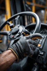 Hand in Driving Glove Gripping Forklift Steering Wheel