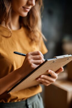 Person Writing on Clipboard in Modern Workspace