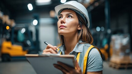 Woman Engineer in Warehouse with Clipboard and Helmet
