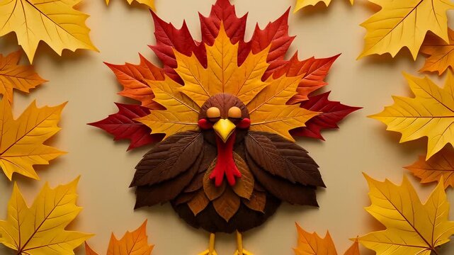Whimsical autumn turkey crafted from vibrant maple leaves blinking in a stop motion style animation, ideal for Thanksgiving holiday greetings.