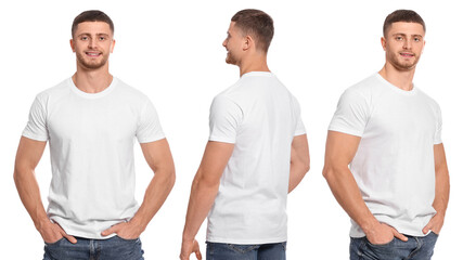 Man in blank t-shirt isolated on white. Collage