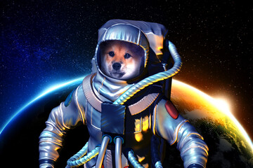 Dog astronaut wearing special suit against planet in space
