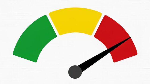 Gauge needle rising from green safety to red danger zone on a speedometer icon, illustrating high risk or performance concepts in a flat animation