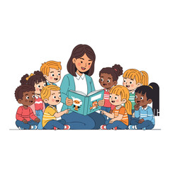 A teacher reads a book to a diverse group of children, all seated on the floor