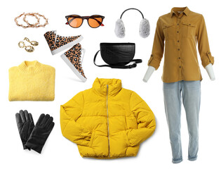 Set of stylish clothes, shoes and accessories on white background. Fashionable look for woman