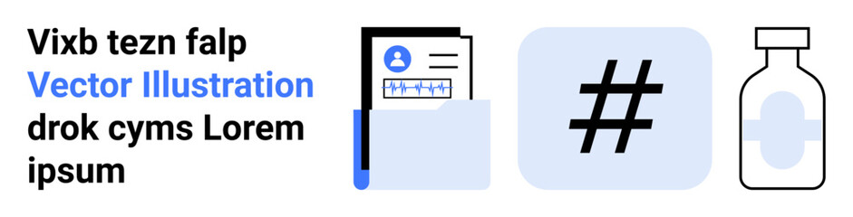 Obraz premium User card with profile photo and data, metadata tag icon, medicine bottle. Ideal for healthcare, technology, social media, data management, branding, digital marketing simple landing page