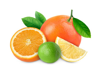 Citrus fruits isolated on white. Fresh orange, lemon, lime and grapefruit