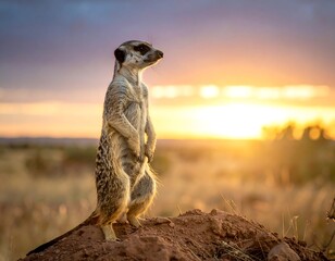A meerkat stands erect atop a small mound, observing the sunrise
