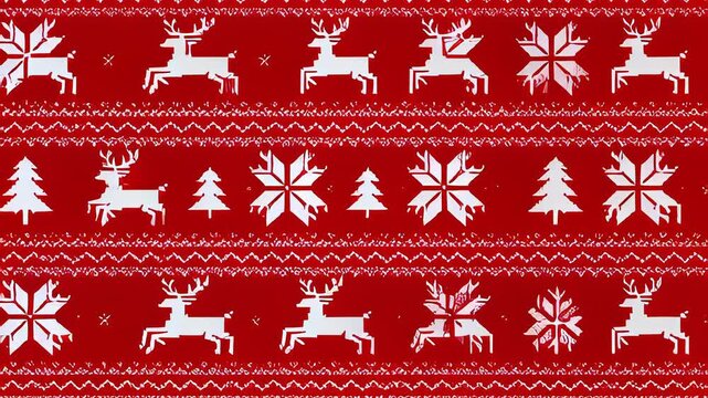 Red Christmas sweater pattern with animated reindeer and snowflakes moving in a seamless loop, illustrating traditional winter holiday textures.