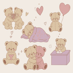 Cute Bear Couple Clipart Set, Romantic Teddy Love Scenes, hugging, sleeping, holding balloons, gifting flowers  in Soft Neutral Colors