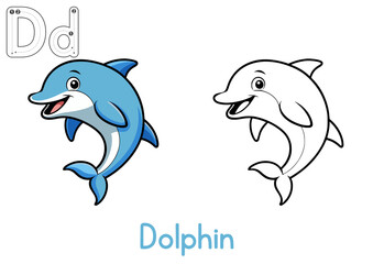 Alphabet coloring page letter D with Dolphin, coloring page for kids, D for Dolphin, D large, Clear letter D next to a friendly cartoon Dolphin, Educational page, Thick outlines, Black and white