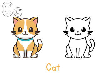 Alphabet coloring page letter C with Cat, coloring page for kids, C for Cat, C large, Clear letter C next to a friendly cartoon Cat, Educational page, Thick outlines, Black and white