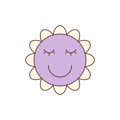 Groovy retro flower face with cute smile in cartoon graphic style sticker. Purple character as happy patch sticker, playful y2k groovy element, perfect for cheerful pop art and decorative use.