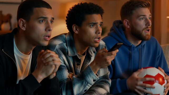 Anxious multiethnic male friends watching a live soccer match on television in a warm living room, holding a football with tense anticipation, illustrating sports fandom and camaraderie