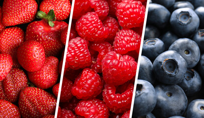 Collage of different fresh berries. Strawberries, blueberries and raspberries