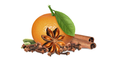 Fresh tangerine and spices isolated on white