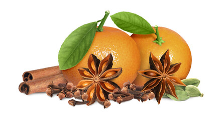 Fresh tangerines and spices isolated on white