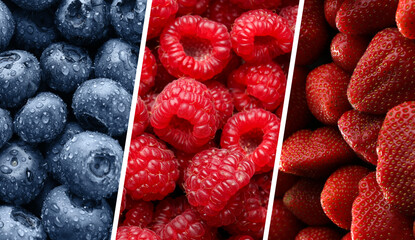 Collage of different fresh berries. Strawberries, blueberries and raspberries