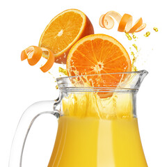 Fresh citrus fruit falling into jug with orange juice on white background