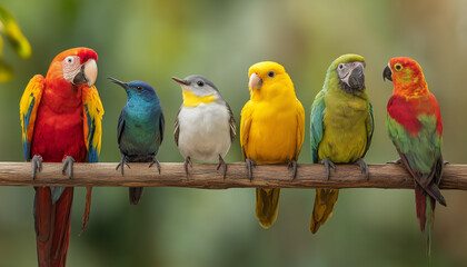 Obraz premium A group of colorful birds sitting on a branch together