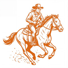 Cowboy riding horse while moving in open field in color: vivid orange 2