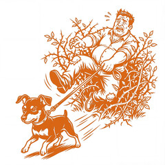 Man gets pulled by dog in a bush at the park in color: vivid orange 2