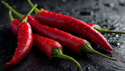Red chili peppers on black background. Vibrant red chilies with green stems. Spicy food ingredient. Close up photo of hot pepper pods.