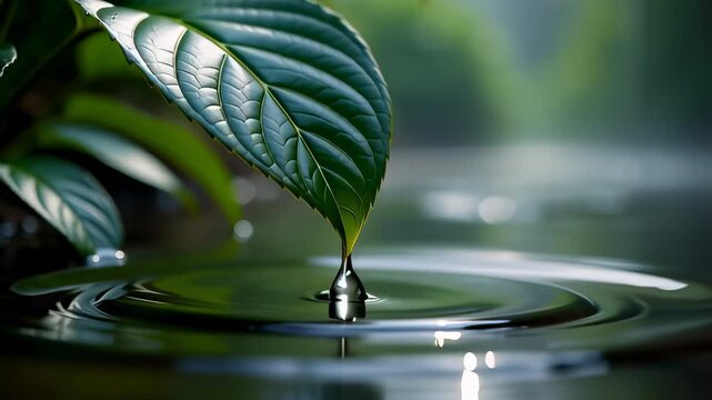 Cinematic macro close up of a crystal clear water drop falling from a green leaf into a dark reflective pool, creating concentric ripples and a splash in slow motion, symbolizing tranquility