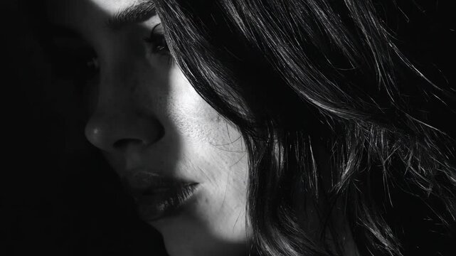 Medium shot of a monochrome portrait with high contrast emphasizing shadows and highlights for a dramatic timeless mood.