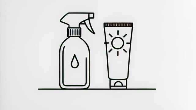 Minimalist black line art animation drawing sunscreen spray and lotion tube icons on white, illustrating summer skin care protection concepts.