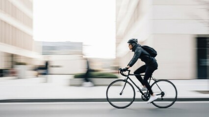 Asian male young adult riding bicycle in urban street