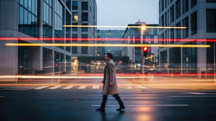 Caucasian male in coat walking across street with blurred city lights at dawn