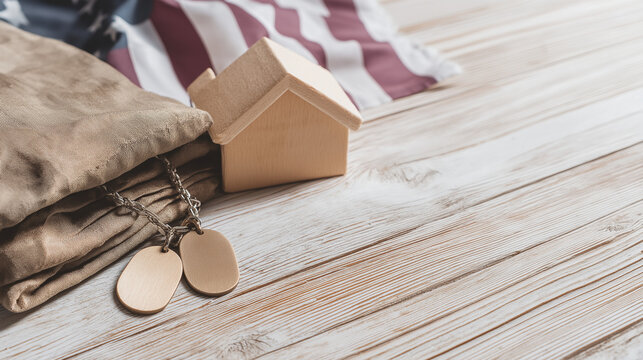 Concept of a veteran's return home with a military uniform, dog tags, and a house model. American flag in the background. VA home loan and housing benefits for soldiers