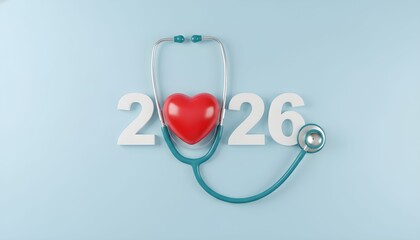 Heart and stethoscope forming the number 2026 representing healthcare and medical innovation for the future isolated on a light blue background