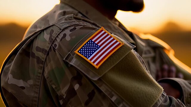 African American military veteran wearing camouflage uniform with USA flag patch, standing solemnly in a golden sunset field to honor Veterans Day and patriotism.