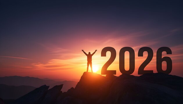 Man celebrating on mountain peak with 2026 text at sunset symbolizing new year achievement and future success ideal for motivational concepts