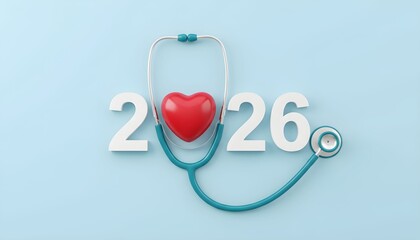 Year 2026 with a stethoscope and heart symbol representing healthcare and medical future isolated on a light blue background