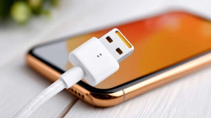 Usb charging cable connected to smartphone on wooden surface