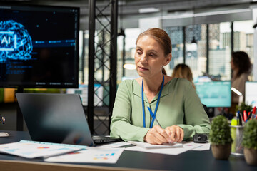 Business expert using AI algorithms and machine learning for forecasting, establishing objectives and project agenda for strategic planning in a modern workspace. Growth and productivity.