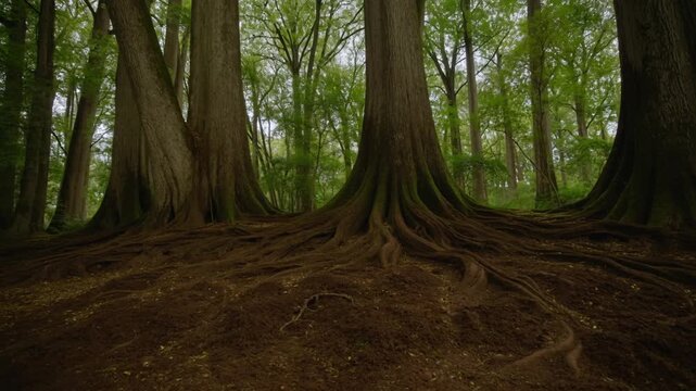 A forest of tall trees with prominent root systems, creating a sense of depth and scale. Green leaves and a cloudy sky provide a beautiful natural setting Stock Video