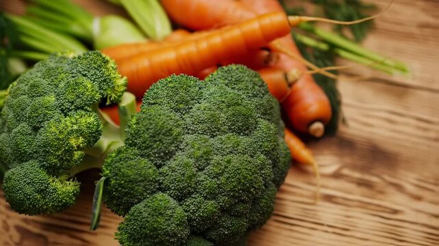 Close-up of fresh broccoli, carrots, and celery on a wooden surface