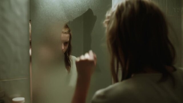 A woman looking at the broken mirror Stock Video