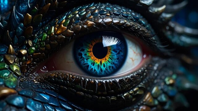 Macro shot of a reptile's eye with colorful scales, intricate details, and a striking, vibrant iris and a dark background creates a fantasy vibe
