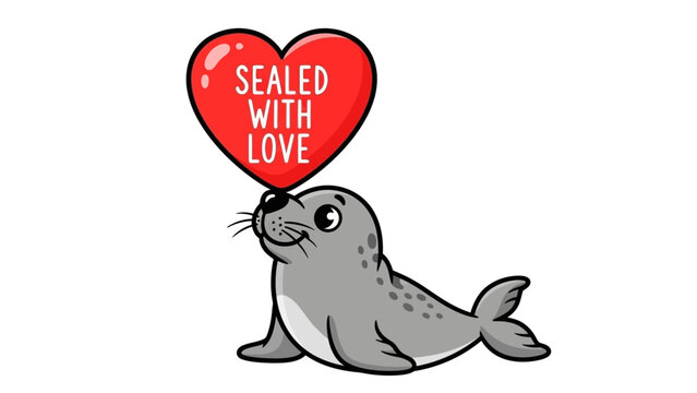 Happy grey seal balancing a red heart on its nose with "Sealed With Love" pun text.